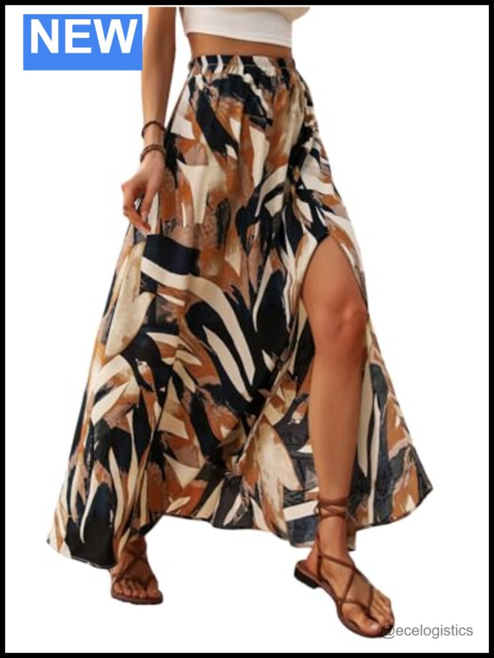 Tropical Print Flowy Maxi Skirt with Slit – High Waist Elastic